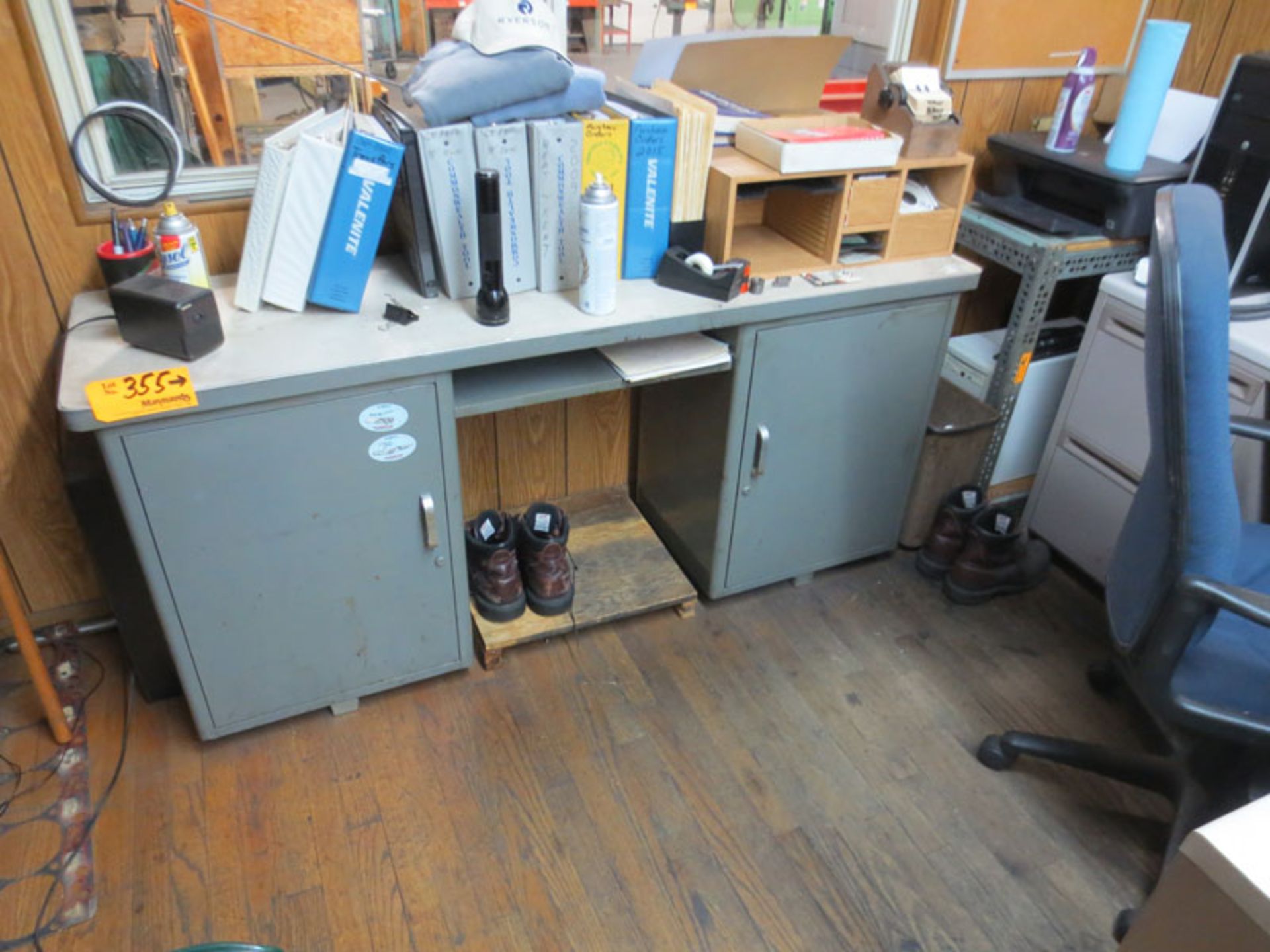 Office Furniture (2) Desks 1 With Return, Metal Shelves, Metal Credenza. NO CONTENTS
