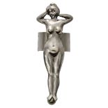Ring French, around 1900, metal alloy, Wales Deposé stamp, female nude imagery, adjustable size,