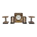 Art Deco clock set French, around 1930, Japy FréresandCo, half striker on bell movement, in marble