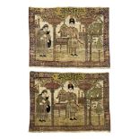 Persian-Kirman-rug pair around 1920, senneh-knot, worn, damaged, incomplete, 78*106 cm, 76*106 cm