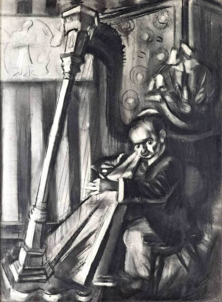 German artist, 20th century - Harpist 92*68 cm, coal on paper Deutscher Künstler, 20.