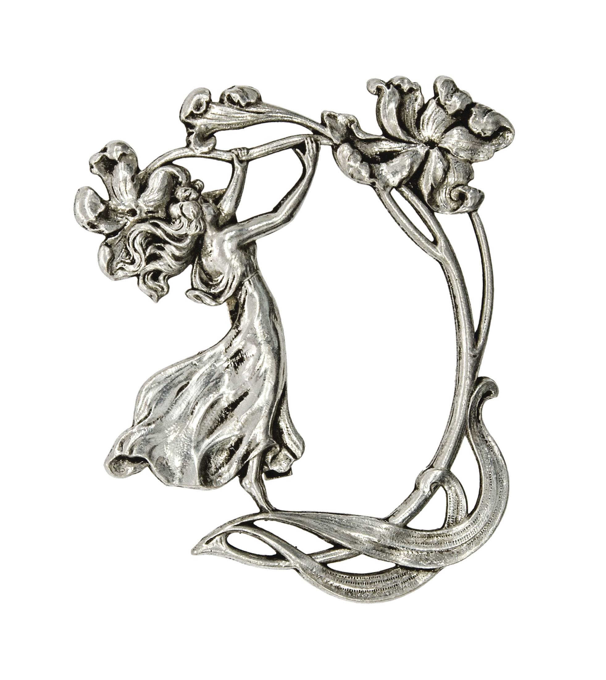 Brooch Austrian, around 1900, metal alloy, girl with flowers imagery, m: 8 cm Brosche