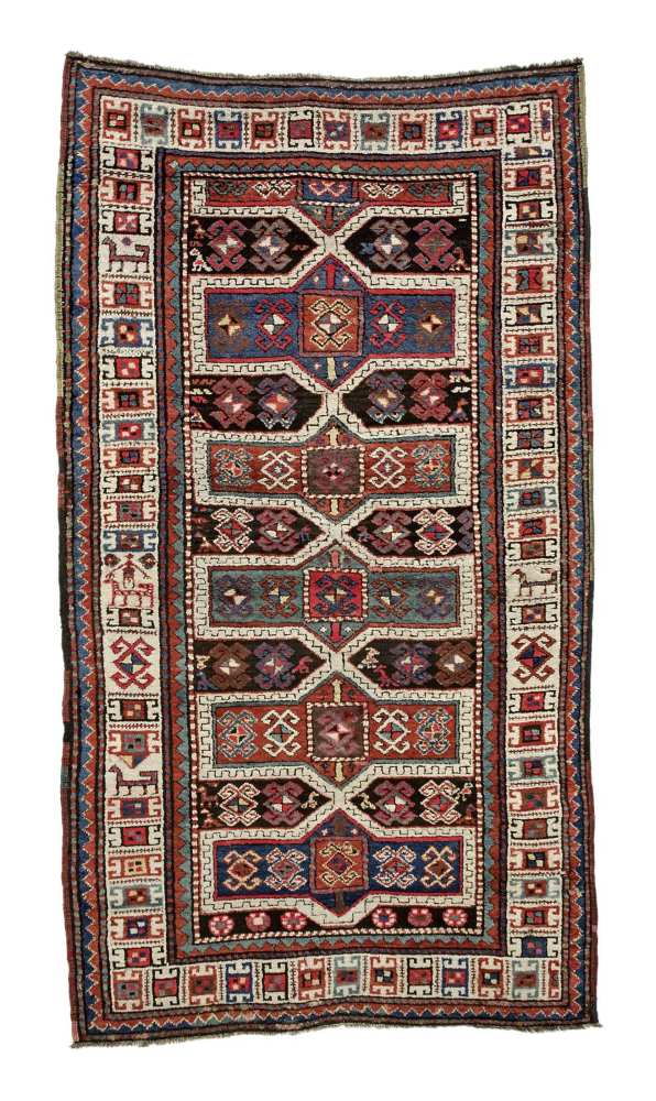 Caucasian-Kazak-rug around 1910, ghiordes-knot, worn, damaged, with old repairings, 210*120 cm