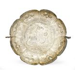 Plate Hanau, around 1880, 13 lat silver, hand-hammered, cast handles, putto imagery, stamped in