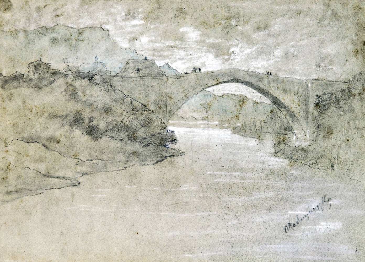 Mednyánszky László báró (Beckó, 1852 - Bécs, 1919) - The old bridge 26,5*37 cm, coal, opaque