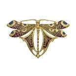 Brooch French, around 1900, firegilded bronze, with coloured enamel decoration, in dragonfly-