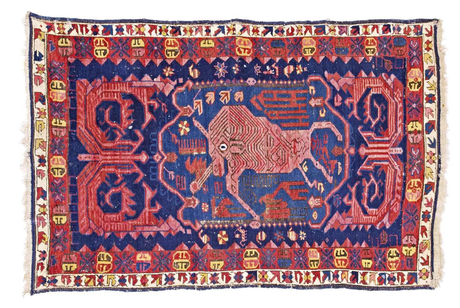 Caucasian-Seychour-rug around 1890, ghiordes-knot, worn, damaged, moth-eaten, 107*165 cm