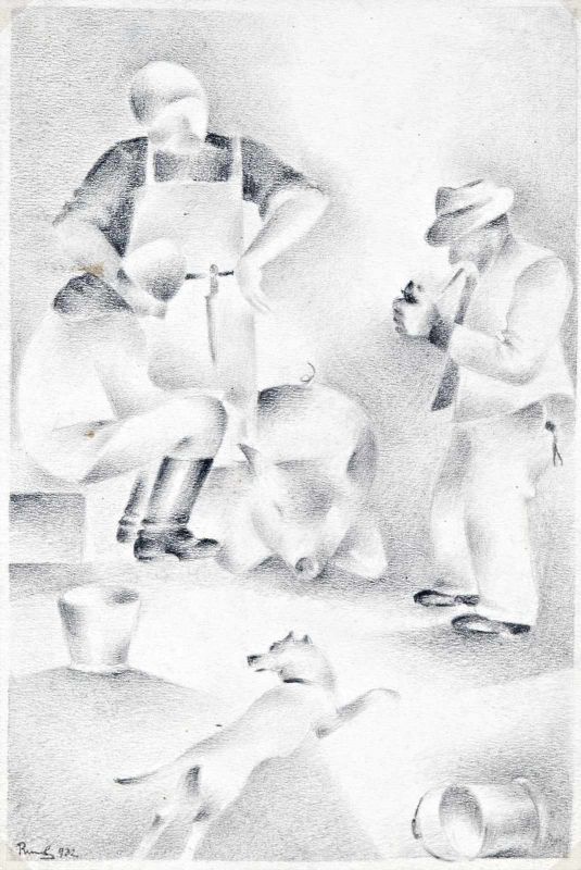 Ruttkay György (Vágsellye, 1898 - Miskolc, 1975) - Schweineschlacht, 1932 25*16,5 cm, Bleistift