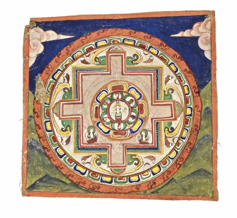 Mandala Tibet, 19. JH, Öl auf Leinwand, 46*48 cm Mandala Tibet, 19th century, oil, canvas, 46*48 cm