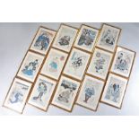 Set of fourteen 19th Century Japanese wood cut prints, in blues, reds and black, various scenes,