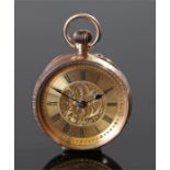 9 carat open face pocket watch, with flower and swag engraved case with a gilt dial, black Roman