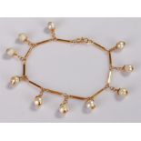 Chinese gold and pearl set bracelet, the long link chain with ten pearls, 7cm long