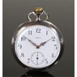 Omega silver openface pocket watch, the signed white enamel dial with Arabic hours and subsidiary