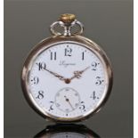 Longines silver openface pocket watch, circa 1900, the signed white enamel dial with Arabic hours,