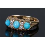 18 carat gold diamond and turquoise set ring, with three turquoise stones and four diamonds, ring