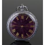 Silver openface pocket watch, the purple enamel dial with gilt Roman hours, foliate engraved case,