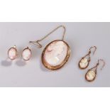 Cameo jewellery, to include a cameo brooch with a 9 carat gold mount, a pair of 15 carat gold