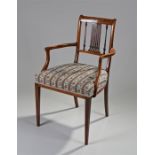 Victorian rosewood and ivory inlaid armchair, the swag inlaid rial above a splat back, curved arms