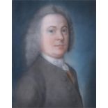 18th Century English school, pastel portrait of a gentleman in a grey jacket with white stock. Label