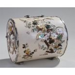 Fine quality Japanese Shibayama and ivory Meiji period container, of barrel form, decorated with