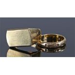 Two 18 carat gold rings, the first with a flat head, rign size V, together with a band with scroll