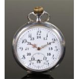 Silver openface pocket watch, with shield back, white enamel dial with Arabic hours and central 24