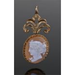 Cameo pendant, the female head facing left, set on a yellow metal mount, 45mm high