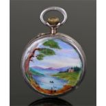 Silver and enamel pocket watch, the pictorial enamel back with a lake scene, green enamel chapter