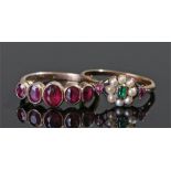 Yellow metal pearl and emerald ring, the central emerald surrounded with pearls and pink stones to