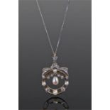 Diamond and pearl set necklace pendant, the central drop pear framed with diamonds and pearls,