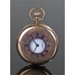 9 carat gold half hunter pocket watch, the case with a blue enamel dial opening to reveal a white