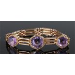 9 carat gold and amethyst bracelet, with three hexagon shape amethysts, bar link, 18.2 grams