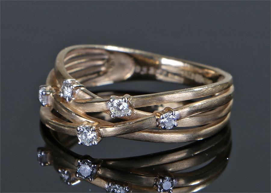 9 carat gold diamond set ring, with five diamonds two a triple band, ring size P - Image 2 of 2