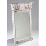 19th Century pier mirror, the later white painted cornice and half barley twist border, gilt dolphin