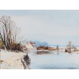 Leslie L. Hardy Moore (1907 - 1997), watercolour, house by a river at winter, signed, in glazed gilt