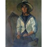 British 20th Century school, a lady seated with hat, unsigned oil on board, 59cm wide, 74cm high