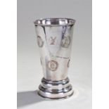 19th Century Sheffield silver plated gaming cup, with George III and IV pennies; also with a crest