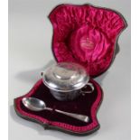 Victorian silver cased twin handled cup, cover and spoon, London 1896 and 1897, maker Holland,