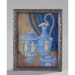 19th Century miniature on ivory of blue porcelain Jasperwhite, signed I Jack, 8cm x 10.5cm,