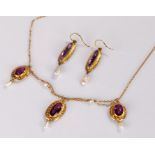 10 carat gold amethyst and pearl set necklace, with three amethyst set oval drops with pearl drops