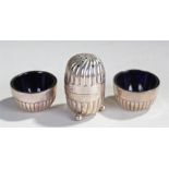 Silver mustards and pepper, two Victorian silver mustard bowls with blue glass liners,hallmarked