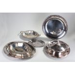 Silver plated trays, four in total, together with two tureens and a lidded tureen