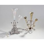 Two silver plated epergne, the first with glass vases, (AF) the second with silver plated, (2)