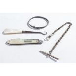 Mixed lot, to include a silver fruit knife, a watch chain, a buckle and button hook