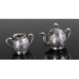 Miniature white metal Chinese teapot and sugar bowl, teapot 25mm high, (2)