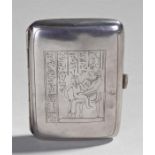 Egyptian revival silver cigarette case, the case engraved with an Egyptian hieroglyphic design,