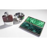 James Dixon & Son silver plated hip flask, with leather grip, together with a silver plated bowl and