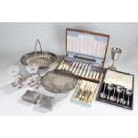 Silver plated items, to include a basket, a tazza, fish and knife set, flatware, two vases, etc, (