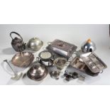 Mixed silver plated wares, to include a muffin dish, entree dishes, tea pot and stand, etc, (qty)