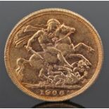 Edward VII sovereign, 1906, St George and the dragon to the reverse